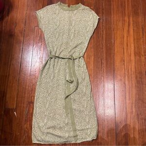 70s Knit Paisley Olive Green with Belt Cozy Casual Vintage Dress M